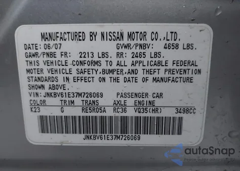 2007 Infiniti G35 Sport z USA, uszkodzony, nr VIN JNKBV61E37M726069